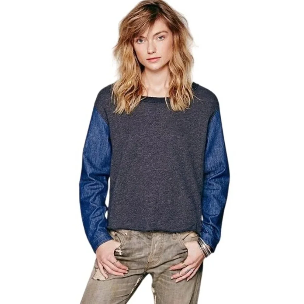 Free People Denim Embroidered Long Sleeve Top - Picture 2 of 7